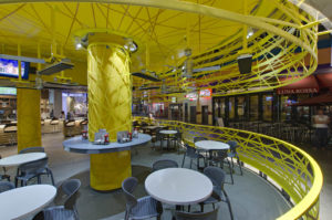 At Denny’s diner on iconic Fremont Street in Las Vegas, International Tension Structures designed and installed a vibrant shade structure to complement the building’s architecture. Photo: International Tension Structures