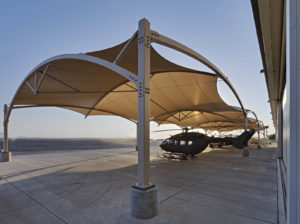 The barrel vault design of the 25,000-square-foot cover for the Silverbell Army Heliport increases its durability while enhancing the look of the structure. Photo: International Tension Structures