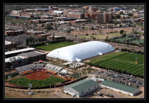 With temperatures topping 90 degrees F, Arizona State University’s Athletic Department sees major benefits from this 103,500 sq. ft. air-supported, climate-controlled fabric structure. Photo: Yeadon Fabric Domes
