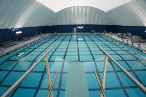 A 24,000-square-foot Arizon air structure covers a 25-yard by 50-meter Olympic size pool in Cape Girardeau, Mo., and features Arizon’s custom-made air handling equipment. Photo: Arizon Structures