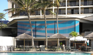 More commercial properties, like the Turtle Bay Resort in Oahu, are seeking out printed screens to add pops of color and interest and to help strengthen their brand identity. Photo: Rainier Industries Ltd. 