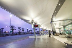 An inverted cone canopy roof is the finishing touch to the new Rental Car Center at the San Diego International Airport. It welcomes travelers while providing protection from the elements. Photo: Birdair.