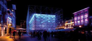 As part of a city-wide festival of light in downtown Eindhoven, The Netherlands, the installation art structure “Teatro del Mondo” takes advantage of the reflective and translucent qualities of coated PES fabric, Valmex® TF 400 from Low & Bonar. Photo: L.E.A.D. Inc./Heshmati.