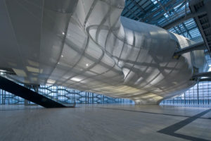 Interior view of “Cloud” shape backlit showing the steel ribs that form the structure. Photo: © Moreno Maggi