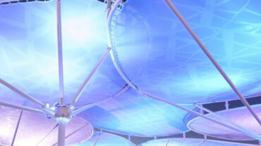 Large, futuristic canopy structures with a blue glow, set against a twilight sky, providing shade and a modern aesthetic.