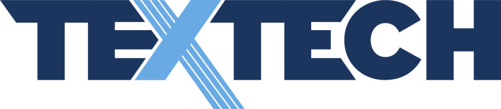 Bold blue text "TEXTECH" with geometric accents in lighter blue, featuring a diagonal line design.