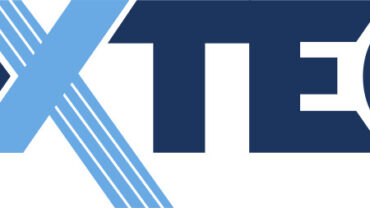 Bold blue text "TEXTECH" with geometric accents in lighter blue, featuring a diagonal line design.