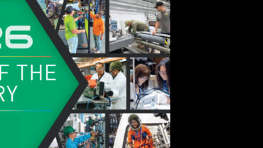 Collage of textile industry scenes featuring workers, machinery, and production processes, with bold green and white typography.