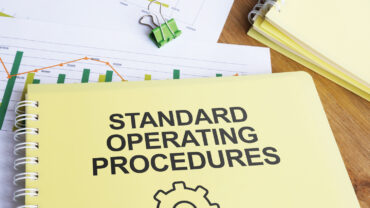 Yellow notebook labeled "STANDARD OPERATING PROCEDURES" on a wooden desk, surrounded by graphs and a green paper clip.